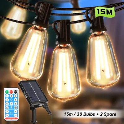 Solar String Lights Outdoor Waterproof IP65 LED Fairy Light Remote Control Bulb String Lamp Replaceable G40 Bulb 7m 10m 15m Dimmable Hanging Lamp for Garden Camping Christmas