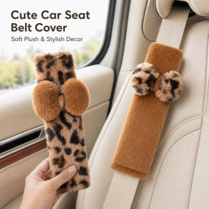 PYA94 Leopard Print Car Seat Belt Shoulder Pads Durable Soft Fluffy Plush Seat Belt Ornaments Universal Fit Imitation Rabbit Fur Car Seat Belt Shoulder Protector Seat Belt Accessories