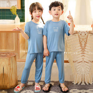 Korean Baby 2 Pcs Modal Pajamas Set Anti-Mosquito Pants Cartoon Bear Girls Boys Short-Sleeved Trousers Air-Conditioning Clothing Kids Solid Color Comfortable Home Wear