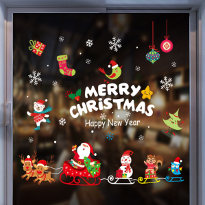 DECAL NOEL – Hít Tĩnh Điện Dán Kính Tuần Lộc Nhỏ Kéo Xe Chở Ông Già Noel Và Các Bạn Đón Giáng Sinh-HYC-91(50*70cm)