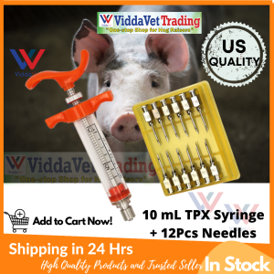 ViddaVet 10mL TPX Steel Syringe Reusable Veterinary Injector with 12 US-Quality Needles For Pig Goat Poultry & Cattle