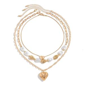 Pack Of 3 Faux Pearls Choker Necklaces with Heart Pendant Multi Layered Neckchain Adjustable Clavicle Chain for Women