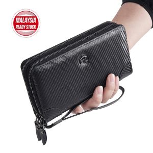 Double Zip Mens Leather Clutch Bag Handcarry Long Wallet Dompet Panjang Lelaki Kulit Beg Duit Lelaki (W-057)