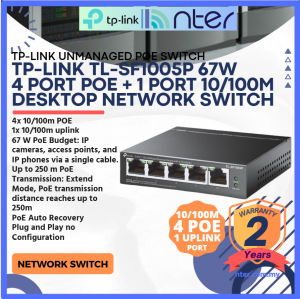 TP-LINK Tplink 4 +1 100m IP Network Desktop POE Switch 4 Port PoE 1 10/100m Uplink 67w Max Power RJ45 SF1005P TL-SF1005P