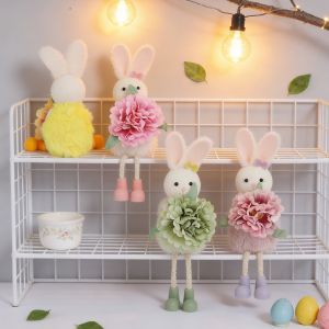 BEIBEI Cartoon Easter Bunny Ornament Colorful Long Legs Flower Rabbit Figurine Cute Soft Plush Easter Bunny Doll Holiday Decor