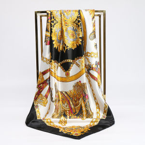 Jifang 90x90cm Fashion European Chain Desigh Satin Silk Square Scarf Muslim Hijabs Shawls Bandana Handkerchief WJ469