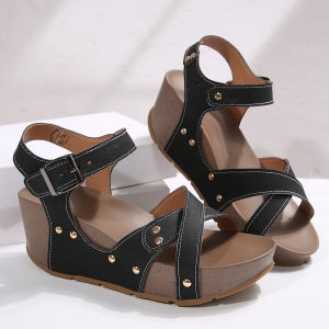 [Free Shipping] Summer New Style Platform Wedge Sandals For Women With Velcro Straps Large Size Rivet Detail And Open-Toe Design