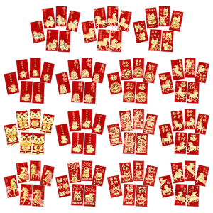 Pack of 6 New Year Red Envelopes Gold Sparkles Matte Finish Cartoon Horse Pattern Multipurpose Money Gift Holders