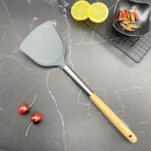 Stainless Steel Grey Silicone Spatula Wooden Handle Heat Resistant Food Grade Kitchen Utensils
