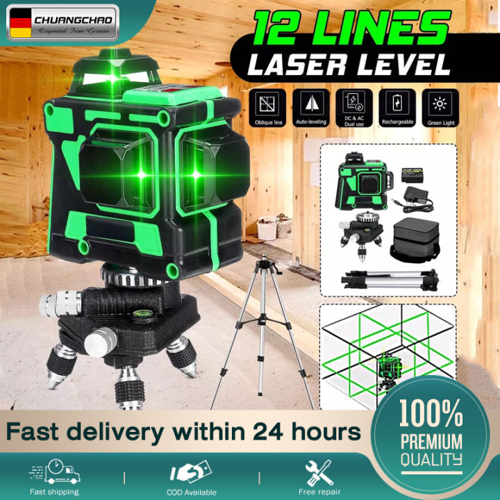 CHUANGCHAO 12 Lines Laser Level 360° Rotary 3D Green Laser Level ...