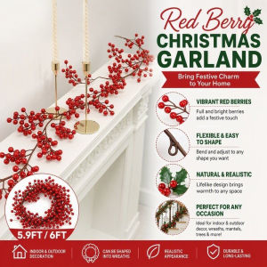 Red Berry Christmas Garland 5.9FT 60 Branches Flexible Vine For Wreath Staircase Door Mantel Tree