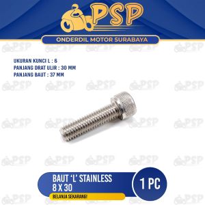Baut "L" Stainless 8 x 30 (Harga 1 PC) - Baud Stanlis Baut 12 Kunci L 6 M8 Panjang 30 mm SUS 304