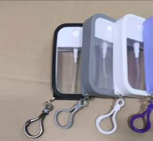 Hot Selling 50ml Empty Plastic Hand Sanitizer Credit Card Type Refillable Perfume Mist Spray Bottle with Silicon Cover and Carabiner