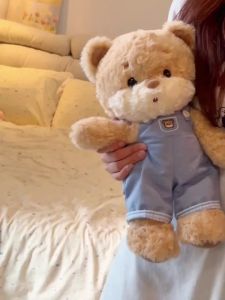 Kawaii Teddy Bear Plush Doll Fluffy Stuffed Bear Toy with Detachable Blue Overalls Lovely Bear Figure Holiday Birthday Gift
