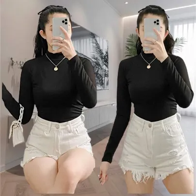 Aesthetic Turtle Neck Long sleeve Top For Women Clothing Casual Turtle Neck Long Sleeve Knitted Blouse For Women Casual Turtle Neck Blouse Long sleeve For Womens Clothing Slim Fitted Knitted Top