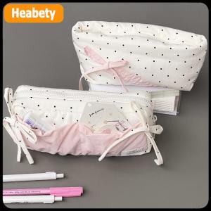 【2-3 ngày giao hàng】 Dễ thương Polka Dot Bow bút chì trường hợp màu trắng với màu hồng phụ kiện công suất lớn dây kéo bút chì Túi sinh viên văn phòng phẩm đồ dùng học tập