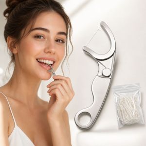 MINIAT Refillable Stainless Steel Floss Pick Reusable Portable Metal Dental Floss Durable Includes 50m Dental Floss Toothpick Teeth Cleaning