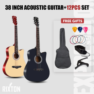 RIXTON 38in Beginner All Wood Acoustic Guitar Starter Kit w/Gig Bag 6 Celluloid Picks Nylon Strings Capo Cloth Strap w/Pick Holder - Blue