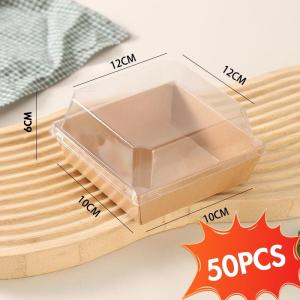 50pcs Charcuterie Square Brown Boxes With Clear Lids Disposable Cake Box Kraft Paper Dessert Boxes For Sweet Favors Sandwich Donut Cookies Cake Slice Food Containers