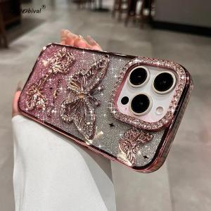 Glitter Diamond Butterfly Gradient Case for iPhone 16 15 14 13 17 Pro Max Air Plus 12 11 Plating Bling Rhinestone Soft TPU Cover