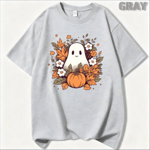 Cute Fall Ghost Pumpkin Floral T Shirt Women Halloween Autumn Leaf Daisy Print Cotton Crew Neck Casual Short Sleeve Tee