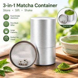 DIVATEN Airtight Matcha Powder Jar 304 Stainless Steel Moisture Proof Powder Container Durable Mesh Powder Sieve Matcha Storage Container Home Use