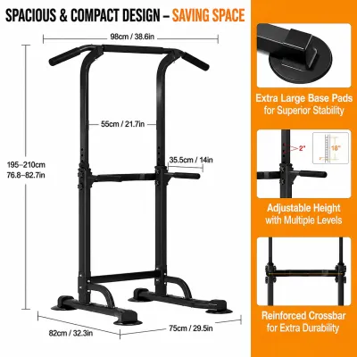 Power Tower Pull-Up Bar & Dip Station 6-Level Adjustable Height Heavy Duty Home Gym Workout Exercise Equipment