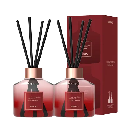 Kundal Black Cherry 200mlx2 Perfume Diffuser Holiday Edition - Aromatherapy Home Fragrance with Red Glass Bottles and Black Reeds