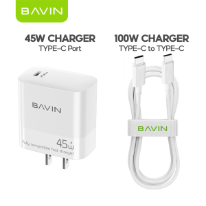 BAVIN PC2205 45W GaN PD Fast Charging Charger USB-C Adapter+1m 100W Data Cable for Laptop iP17 Series Android Devices