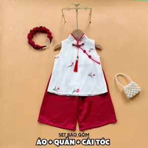 BG35 Bộ áo yếm quần ống xuông bà ba RIOKIDS cho bé gái sơ sinh đi chơi Lễ Tết