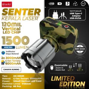 Senter Kepala LED Zoom Laser 80 Watt 1500 Lumen  Aoki AK-3651A/AK-3652K Army PRO Cahaya Putih & Kuning Waterproof Super Terang Batre 6000mAh Tahan Hingga 50 Jam Plus RechargePro USB-C 80W Fokus & Penyebaran Zoom