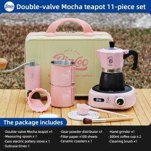 BINCOO Outdoor Moka Pot Set with Case Travel Camping Dual Valve Moka Pot Set Coffee Utensils Portable Storage Set 2Cups