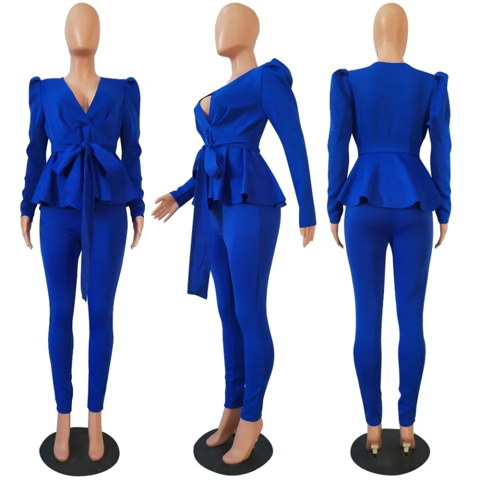 New Women Set Full Sleeve Ruffles Blazers Pants Suit Two Piece Set Office  Lady Business Wear