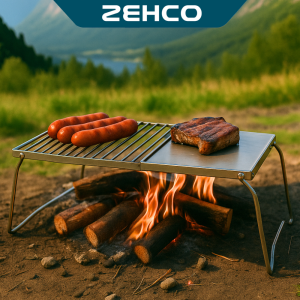 2 in 1 Outdoor Folding Stove Stand & Barbecue Grill Camping Table Pot Holder BBQ Net Stainless Steel Firewood Bracket