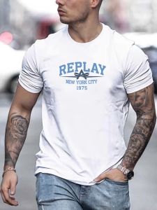 Short Sleeve T-Shirts Man Replay 1975 Retro Pattern Printing Summer Round Neck Breathable Oversized Tee Casual Fashion Clothing
