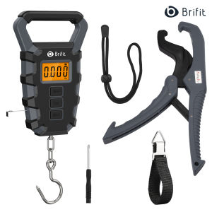 Brifit เครื่องชั่งตกปลาดิจิทัลแบบพกพาสามารถชั่งน้ำหนักได้ 50kg. พร้อมไม้บรรทัดวัดน้ำหนักตัวยึดปลาเครื่องชั่งแบบตะขอแขวน