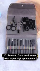 Portable Manicure & Pedicure Kit –16pcs Stainless Steel Nail Clippers Set with PU Leather Case Travel Grooming Too