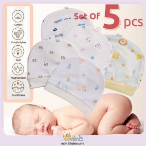 Hntob 5pcs NewBorn 0-3m Bonnet(Repeat Design) Baby Contton Hat Cap Set Cute Animals Printed Plain Color Random Pick