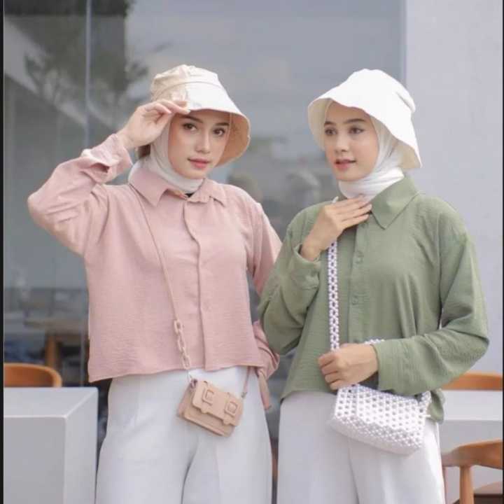 Kemeja Crop Top Korea Wanita Style / Crincle  Cewek / Crinkle Air Flow / Ootd Kekinian