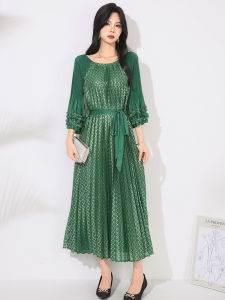 Miyake Pleated Metallic Dress - Round Neck 3/4 Sleeve Shift Dress Contrast Panel Flowy Silhouette for Women Wrinkle Free Rayon Blend [20252163]