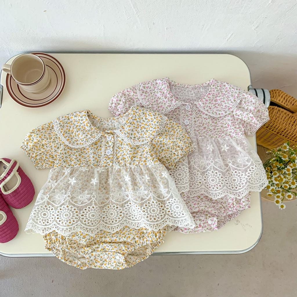 บอดี้สูทและชุดหมี ปลอกคอตุ๊กตาดอกไม้เสื้อรอมเปอร์ทารกแขนสั้นลูกไม้ทารกบอดี้สูทสำหรับเด็ก0-24เดือน