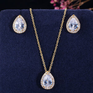 SEQUITO Miễn Phí Vận Chuyển Vòng Cổ Mặt Dây Chuyền Đá Cubic Zirconia Cắt Giọt Nước Mạ Vàng Hồng 18K Tinh Tế Với Khuyên Tai Dạng Hạt Bộ Trang Sức Hợp Thời Trang Cho Nữ Cô Gái SJ214