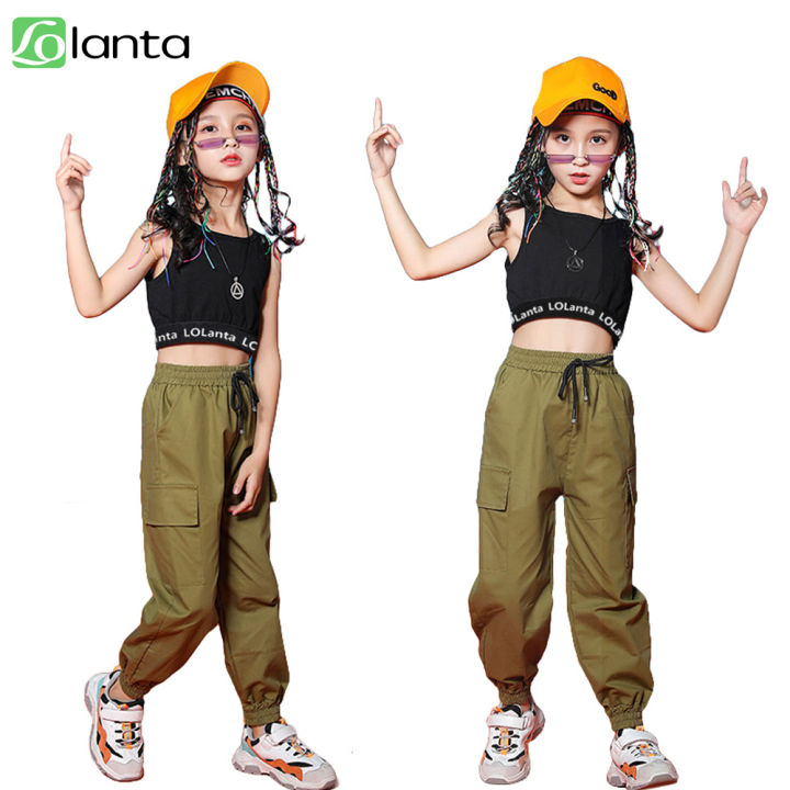LOLANTA 4-16 Years Kids Girls Hip Hop Street Dance Clothes Crop Top Black  Vest Jogger Pants Costume Children's Rock Style Jazz Performance Wear