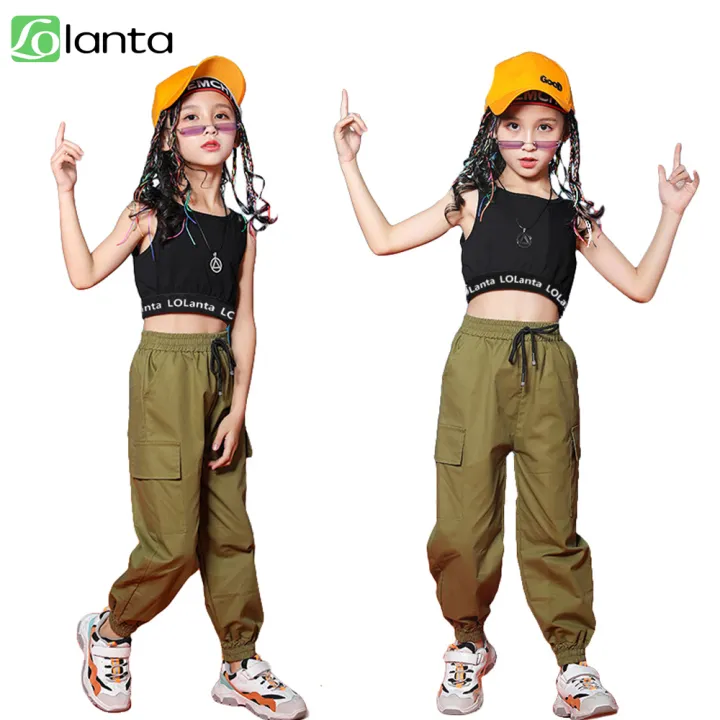  LOLANTA Little Girls Crop Top Cargo Pants Set Active Outfits  Hip Hop 3PCS Dance Outfits (5-6 Black): Clothing, Shoes & Jewelry