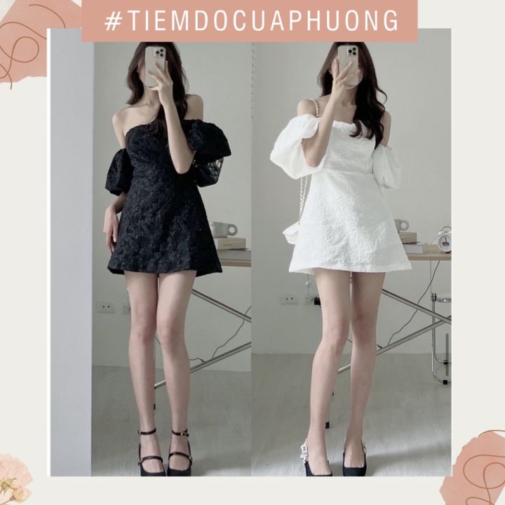 Đầm gấm trễ vai cúp ngực tay bồng- váy nữ dáng xòe chữ a tay bồng chất gấm  xốp nổi về màu trắng đen phong cách hàn quốc | Shopee Việt Nam