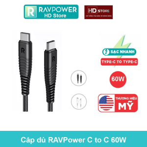 Cáp sạc nhanh 60W RAVPower Type C to C  Sạc nhanh PD Mac Laptop Bọc dù RP-CB047  HDStore