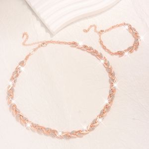 2PCS Elegant Design Glass Rhinestone Chain Fish Tail Necklace with Matching Bracelet for Women Luxury Jewelry Set Fashion Style Jewelry