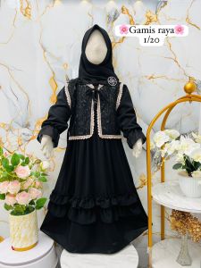 Gamis ceruty raya rompi renda anak perempuan usia 3 - 10 tahun /  baju ganis lebaran anak plus hijab - pakaian muslimah anak terbaru