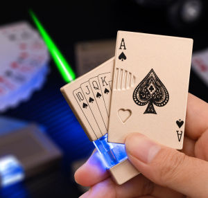 Bật Lửa Hộp Quẹt Gas Khò Lộ Thiên Lá Bài Mạ Vàng Có Đèn Led Mẫu Độc Lạ -Tia Lửa Xanh Chống Gió