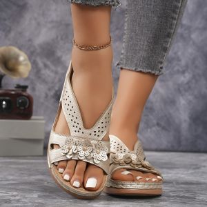 [Free Shipping] Plus-Size WomenS Slippers Wedge-Heeled Thick-Soled Hollowed-Out With Rivets And Floral Designs Available In Stock
